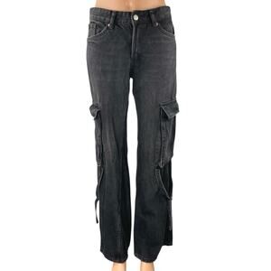 Zara Women's Black Straight Wide Leg Mid Rise Baggy Cargo Denim Jeans Pants Sz 2